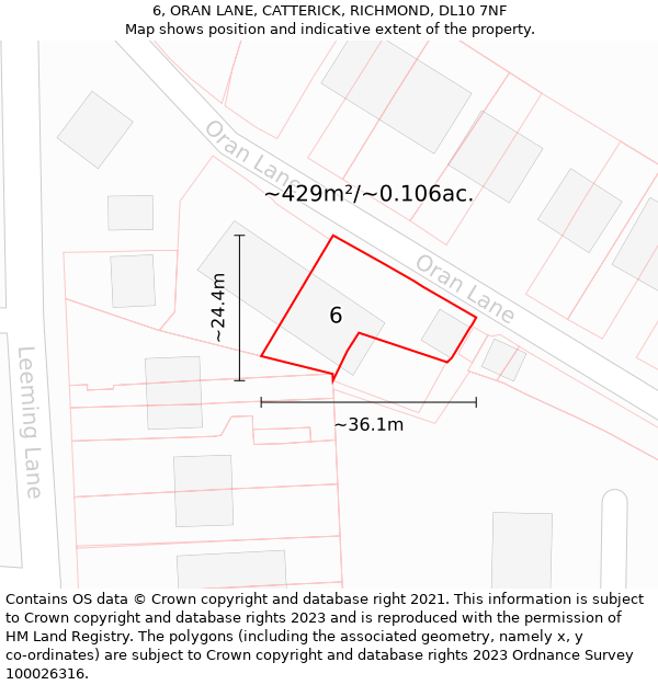 6, ORAN LANE, CATTERICK, RICHMOND, DL10 7NF: Plot and title map