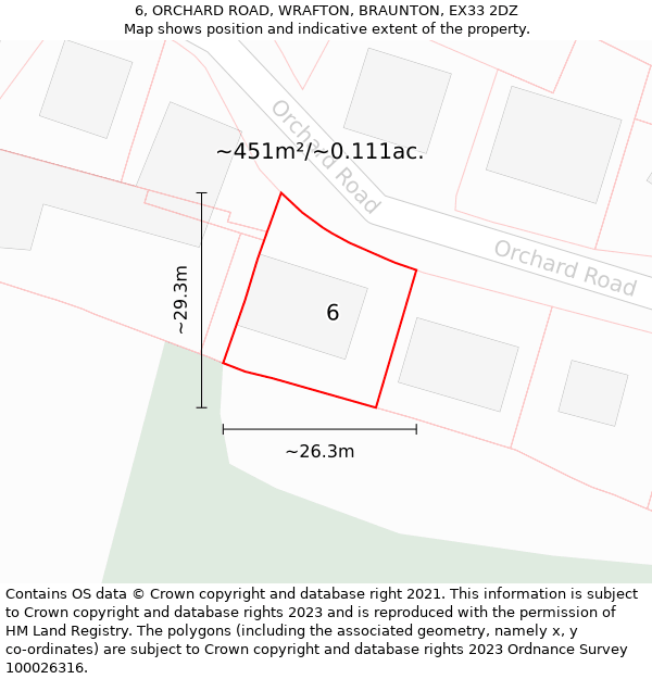 6, ORCHARD ROAD, WRAFTON, BRAUNTON, EX33 2DZ: Plot and title map