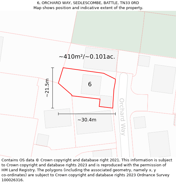 6, ORCHARD WAY, SEDLESCOMBE, BATTLE, TN33 0RD: Plot and title map