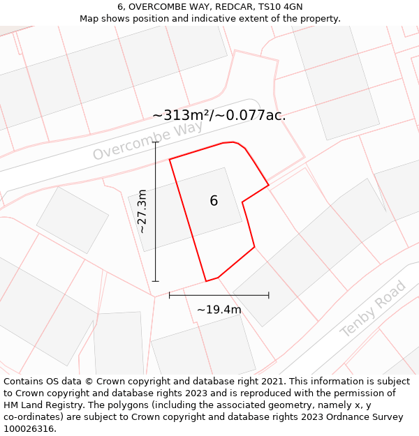 6, OVERCOMBE WAY, REDCAR, TS10 4GN: Plot and title map