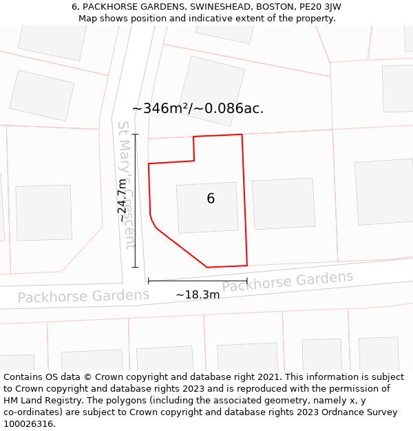 6, PACKHORSE GARDENS, SWINESHEAD, BOSTON, PE20 3JW: Plot and title map