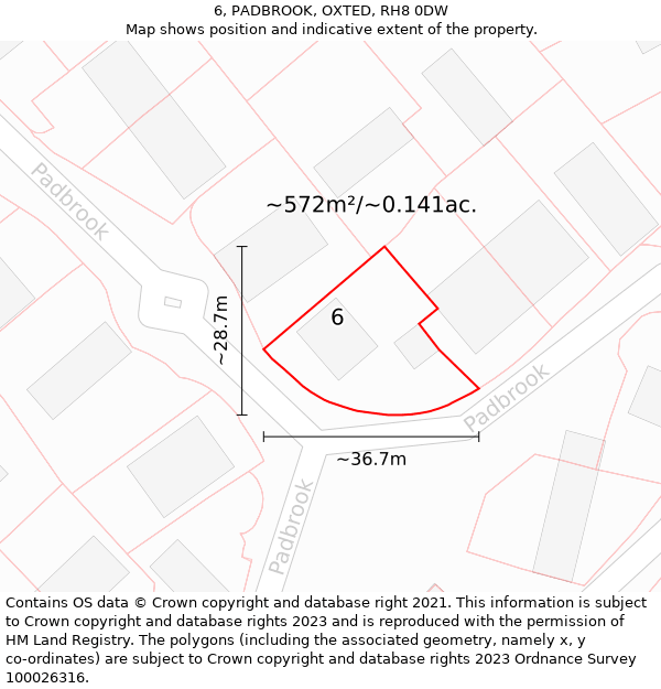 6, PADBROOK, OXTED, RH8 0DW: Plot and title map