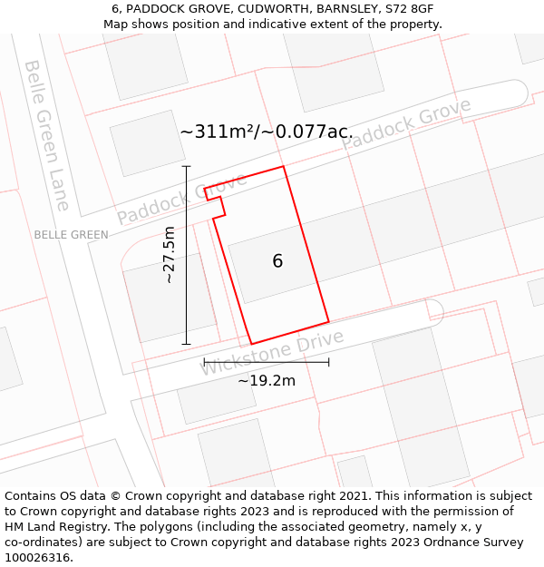 6, PADDOCK GROVE, CUDWORTH, BARNSLEY, S72 8GF: Plot and title map