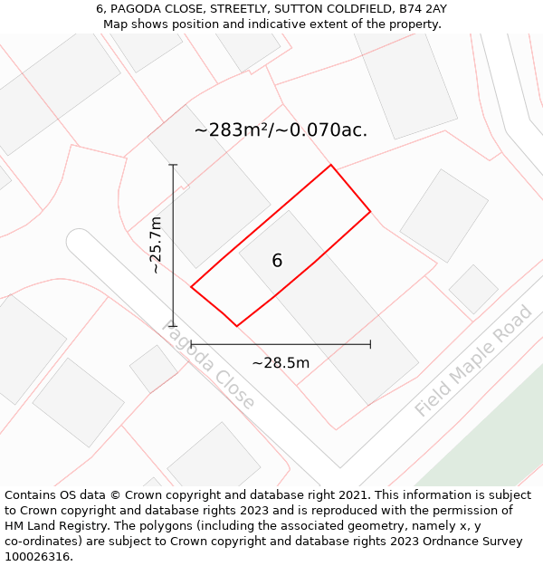 6, PAGODA CLOSE, STREETLY, SUTTON COLDFIELD, B74 2AY: Plot and title map