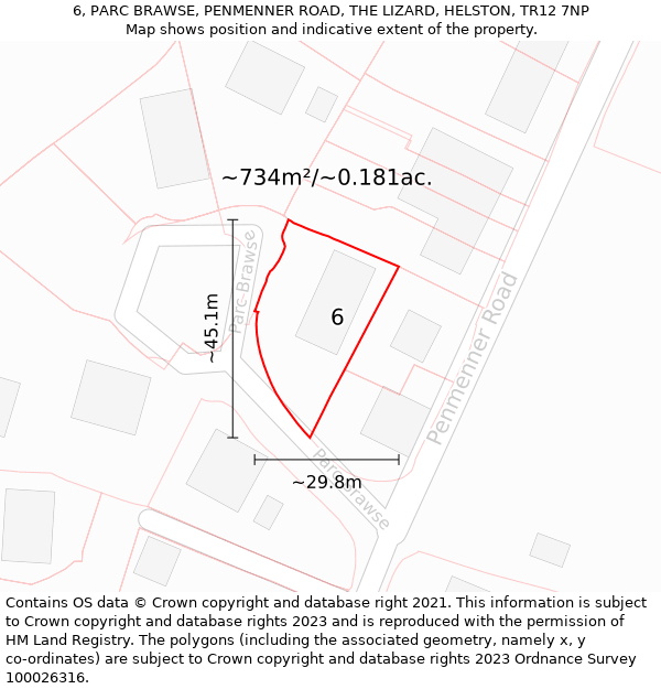 6, PARC BRAWSE, PENMENNER ROAD, THE LIZARD, HELSTON, TR12 7NP: Plot and title map