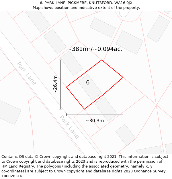 6, PARK LANE, PICKMERE, KNUTSFORD, WA16 0JX: Plot and title map