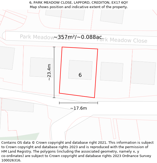 6, PARK MEADOW CLOSE, LAPFORD, CREDITON, EX17 6QY: Plot and title map