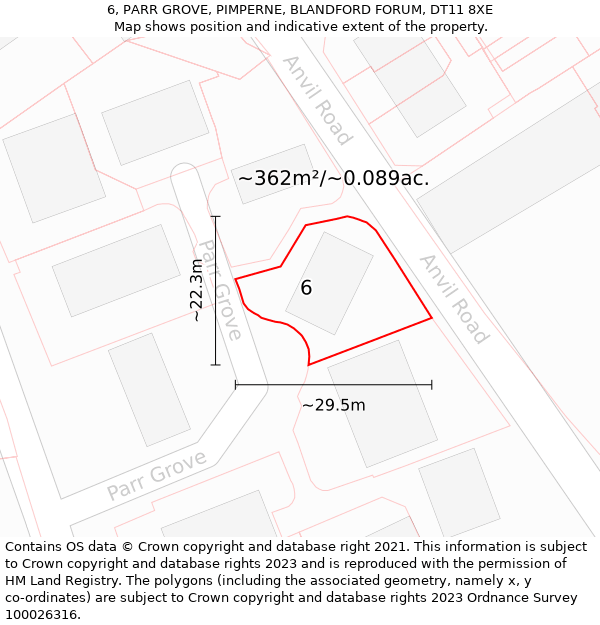 6, PARR GROVE, PIMPERNE, BLANDFORD FORUM, DT11 8XE: Plot and title map