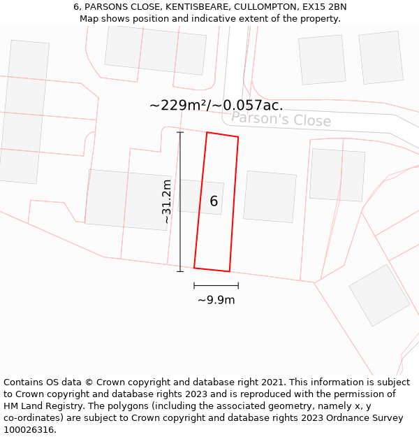 6, PARSONS CLOSE, KENTISBEARE, CULLOMPTON, EX15 2BN: Plot and title map