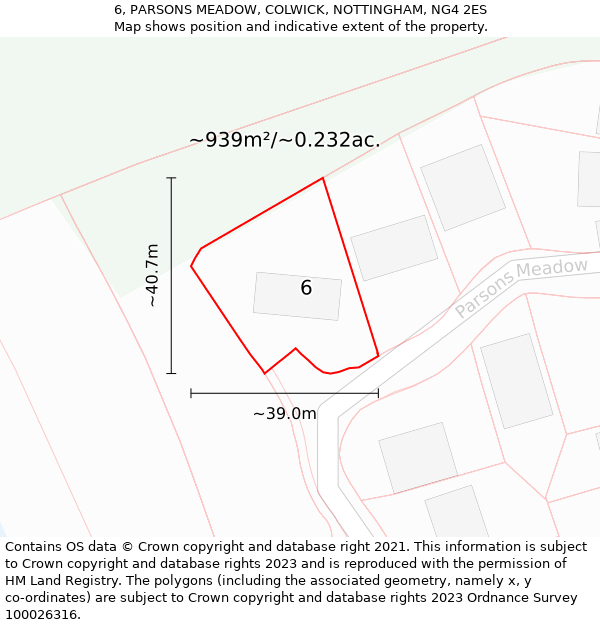 6, PARSONS MEADOW, COLWICK, NOTTINGHAM, NG4 2ES: Plot and title map