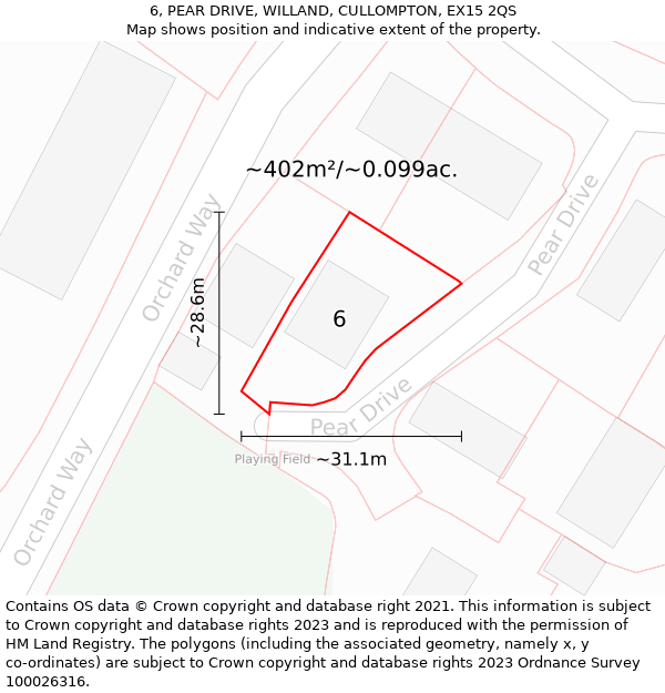 6, PEAR DRIVE, WILLAND, CULLOMPTON, EX15 2QS: Plot and title map