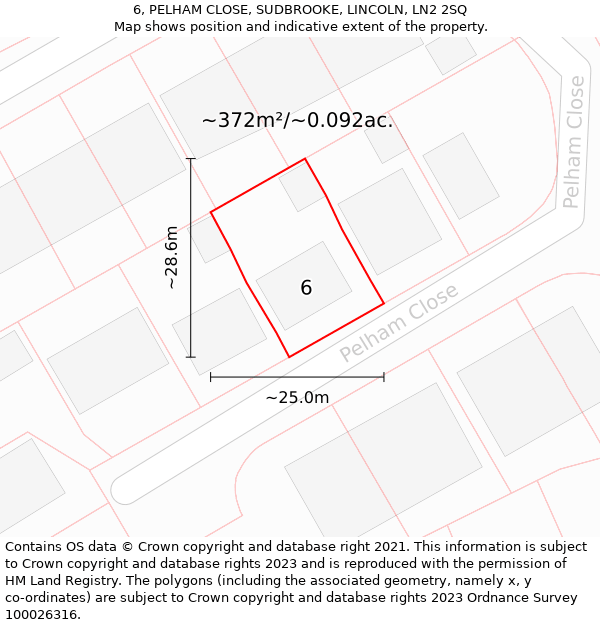 6, PELHAM CLOSE, SUDBROOKE, LINCOLN, LN2 2SQ: Plot and title map