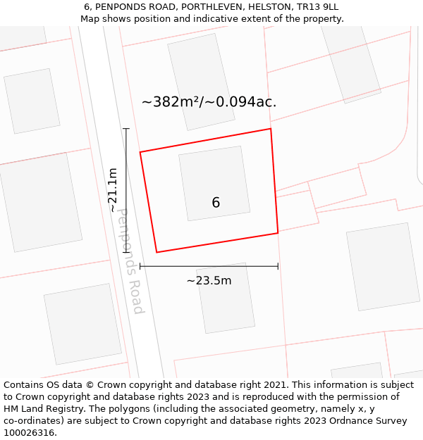 6, PENPONDS ROAD, PORTHLEVEN, HELSTON, TR13 9LL: Plot and title map