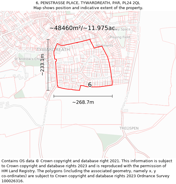 6, PENSTRASSE PLACE, TYWARDREATH, PAR, PL24 2QL: Plot and title map