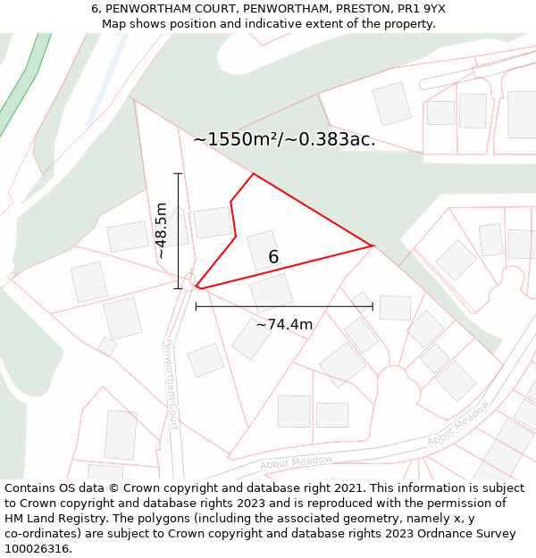 6, PENWORTHAM COURT, PENWORTHAM, PRESTON, PR1 9YX: Plot and title map