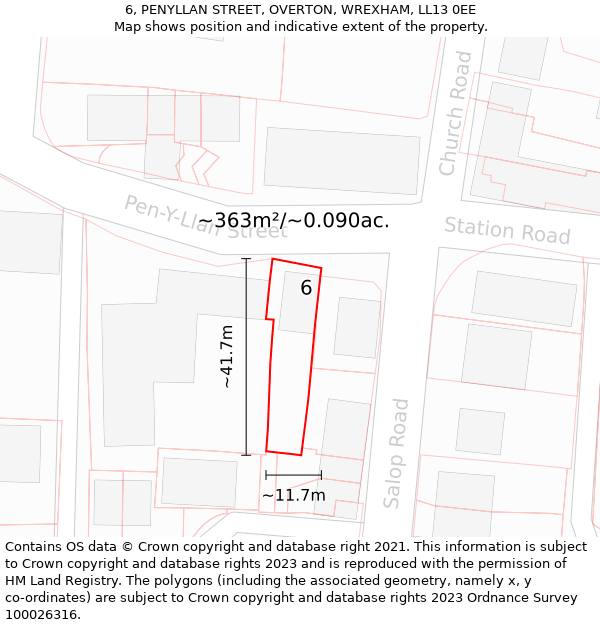 6, PENYLLAN STREET, OVERTON, WREXHAM, LL13 0EE: Plot and title map
