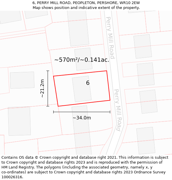 6, PERRY MILL ROAD, PEOPLETON, PERSHORE, WR10 2EW: Plot and title map