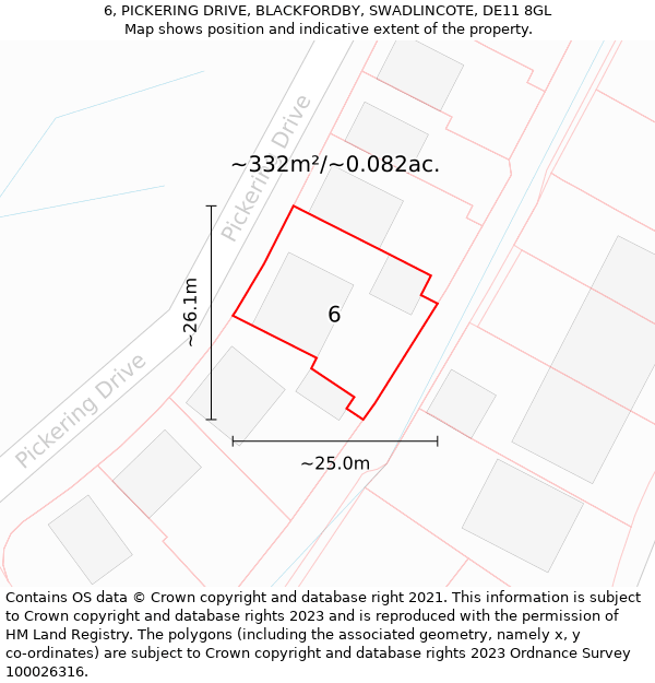 6, PICKERING DRIVE, BLACKFORDBY, SWADLINCOTE, DE11 8GL: Plot and title map