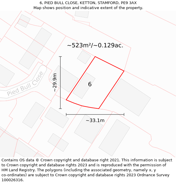 6, PIED BULL CLOSE, KETTON, STAMFORD, PE9 3AX: Plot and title map