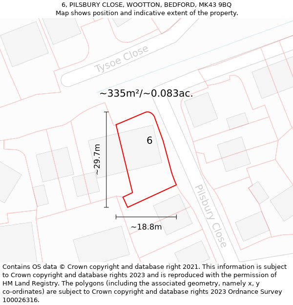 6, PILSBURY CLOSE, WOOTTON, BEDFORD, MK43 9BQ: Plot and title map