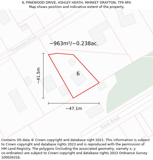 6, PINEWOOD DRIVE, ASHLEY HEATH, MARKET DRAYTON, TF9 4PA: Plot and title map