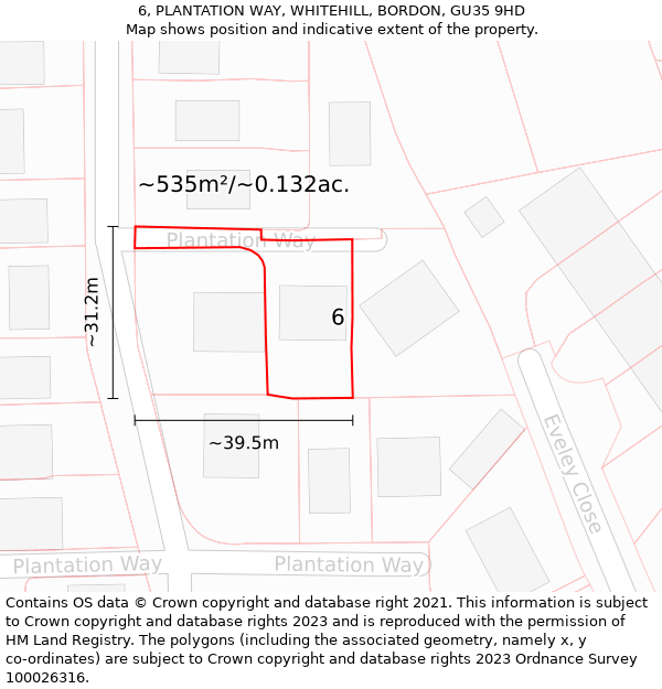 6, PLANTATION WAY, WHITEHILL, BORDON, GU35 9HD: Plot and title map