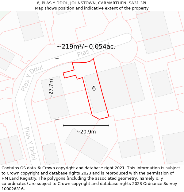 6, PLAS Y DDOL, JOHNSTOWN, CARMARTHEN, SA31 3PL: Plot and title map