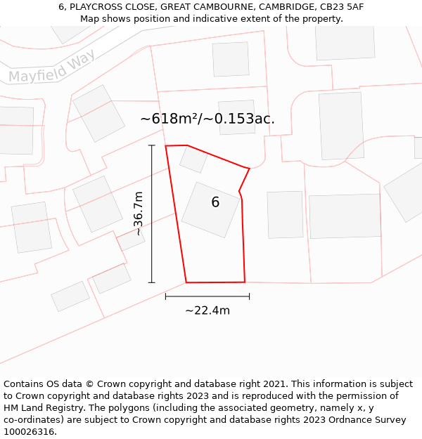 6, PLAYCROSS CLOSE, GREAT CAMBOURNE, CAMBRIDGE, CB23 5AF: Plot and title map