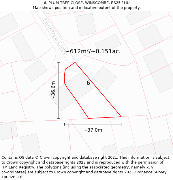 6, PLUM TREE CLOSE, WINSCOMBE, BS25 1HU: Plot and title map