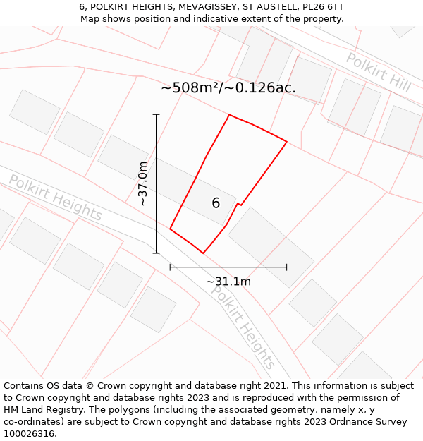 6, POLKIRT HEIGHTS, MEVAGISSEY, ST AUSTELL, PL26 6TT: Plot and title map