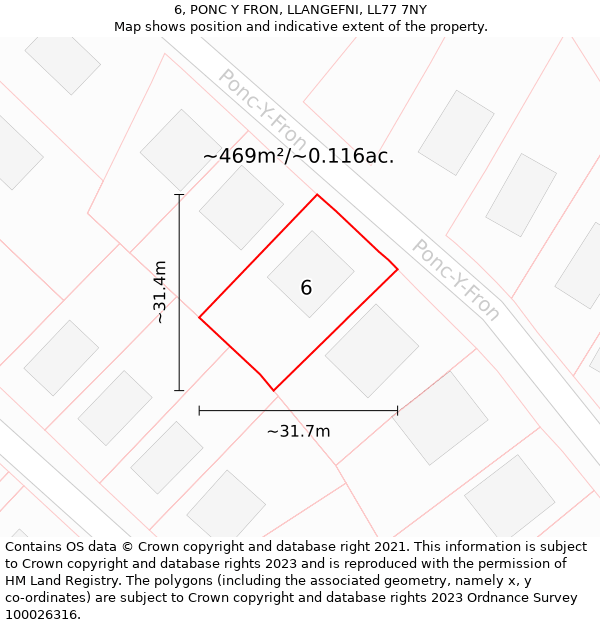 6, PONC Y FRON, LLANGEFNI, LL77 7NY: Plot and title map