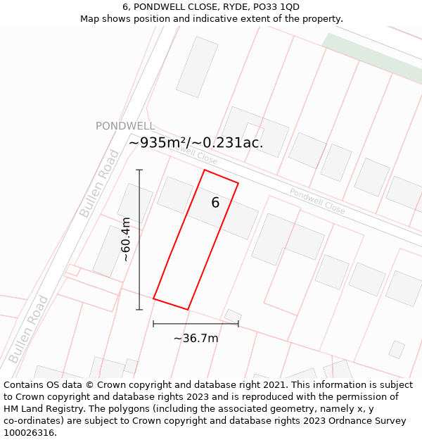 6, PONDWELL CLOSE, RYDE, PO33 1QD: Plot and title map