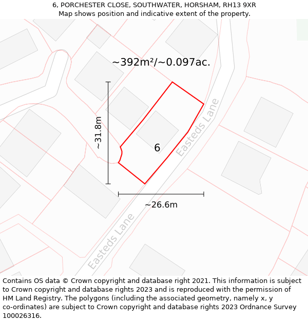 6, PORCHESTER CLOSE, SOUTHWATER, HORSHAM, RH13 9XR: Plot and title map