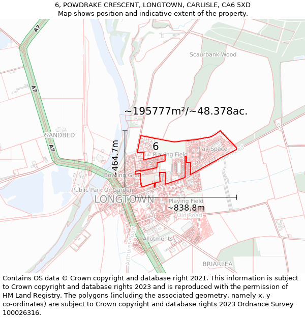 6, POWDRAKE CRESCENT, LONGTOWN, CARLISLE, CA6 5XD: Plot and title map