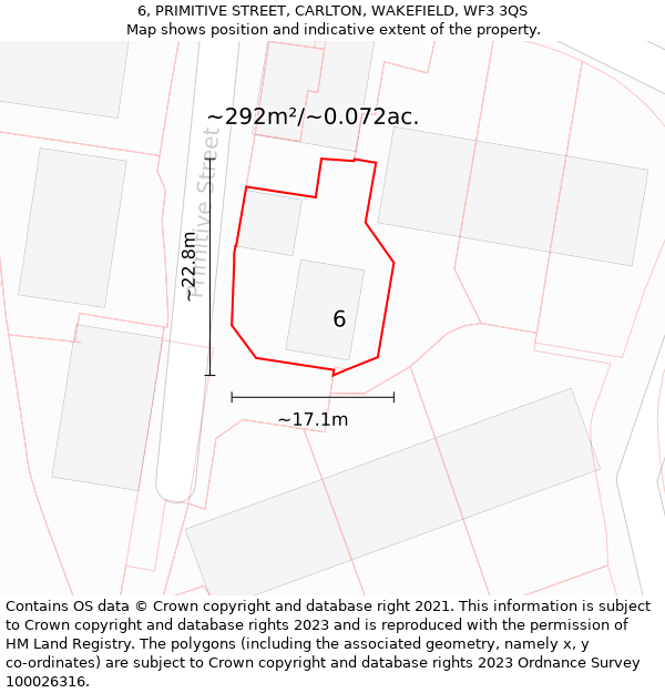 6, PRIMITIVE STREET, CARLTON, WAKEFIELD, WF3 3QS: Plot and title map