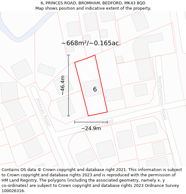 6, PRINCES ROAD, BROMHAM, BEDFORD, MK43 8QD: Plot and title map