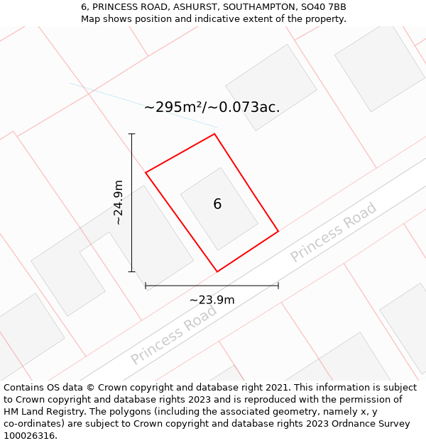 6, PRINCESS ROAD, ASHURST, SOUTHAMPTON, SO40 7BB: Plot and title map