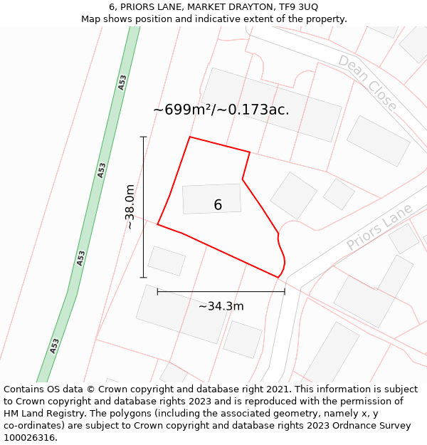 6, PRIORS LANE, MARKET DRAYTON, TF9 3UQ: Plot and title map