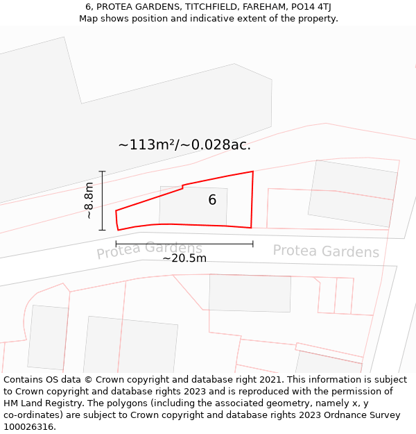 6, PROTEA GARDENS, TITCHFIELD, FAREHAM, PO14 4TJ: Plot and title map