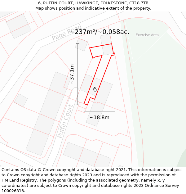 6, PUFFIN COURT, HAWKINGE, FOLKESTONE, CT18 7TB: Plot and title map