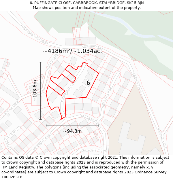 6, PUFFINGATE CLOSE, CARRBROOK, STALYBRIDGE, SK15 3JN: Plot and title map