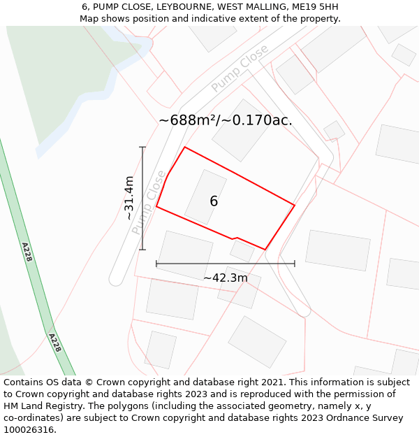 6, PUMP CLOSE, LEYBOURNE, WEST MALLING, ME19 5HH: Plot and title map