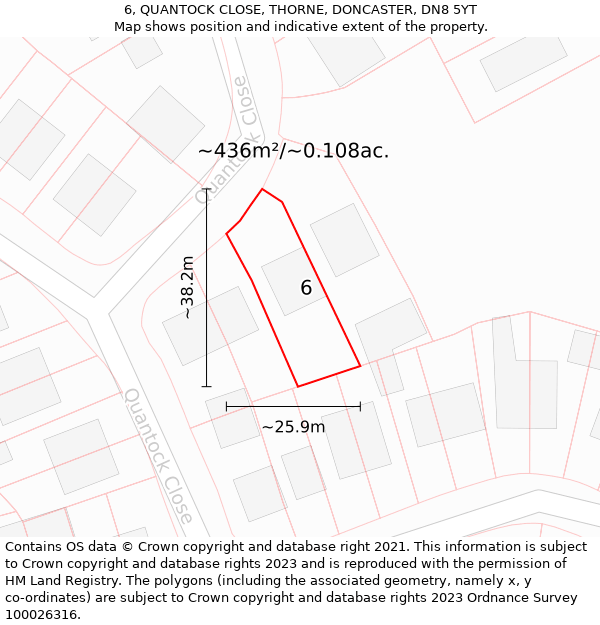 6, QUANTOCK CLOSE, THORNE, DONCASTER, DN8 5YT: Plot and title map