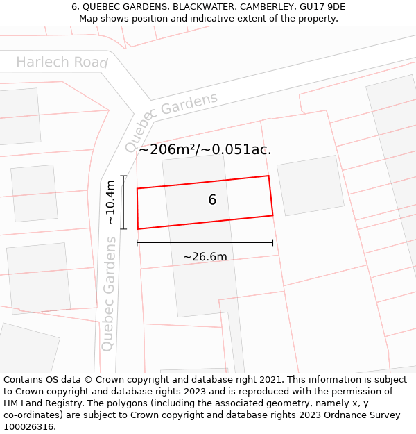 6, QUEBEC GARDENS, BLACKWATER, CAMBERLEY, GU17 9DE: Plot and title map