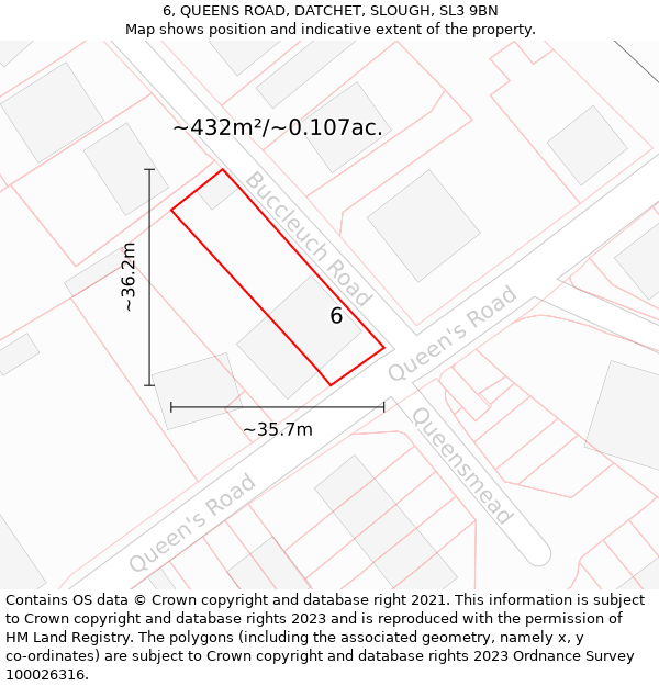 6, QUEENS ROAD, DATCHET, SLOUGH, SL3 9BN: Plot and title map