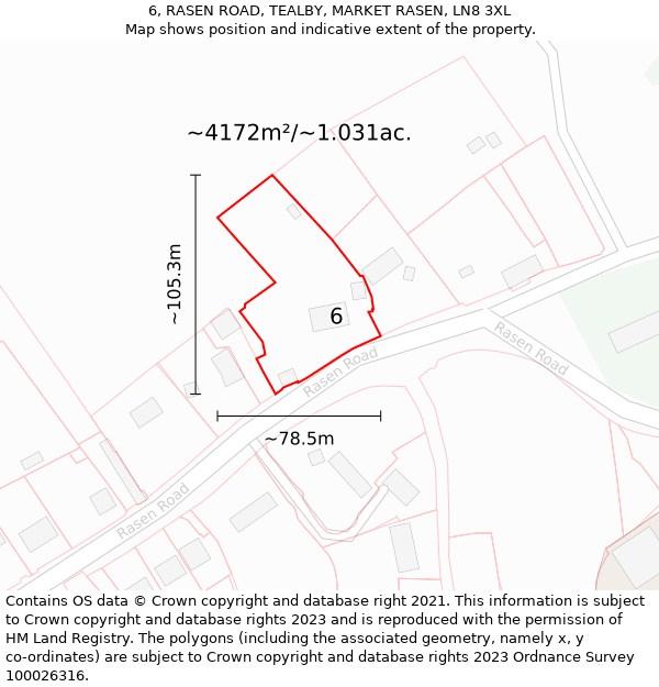 6, RASEN ROAD, TEALBY, MARKET RASEN, LN8 3XL: Plot and title map