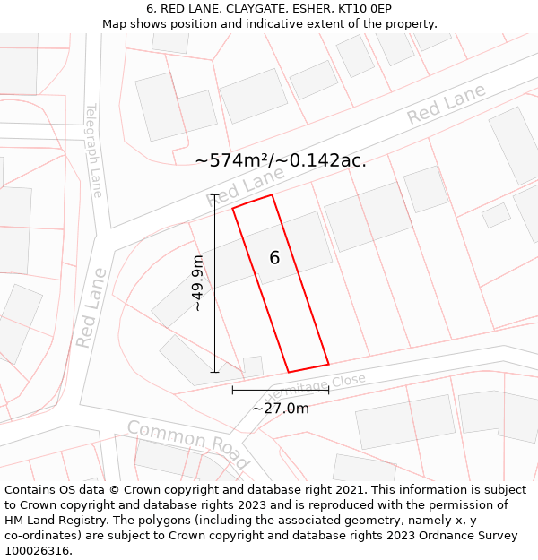 6, RED LANE, CLAYGATE, ESHER, KT10 0EP: Plot and title map