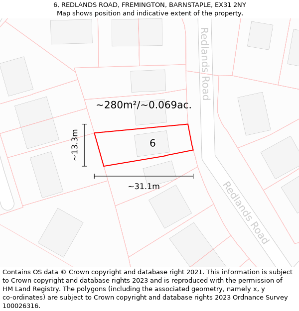 6, REDLANDS ROAD, FREMINGTON, BARNSTAPLE, EX31 2NY: Plot and title map