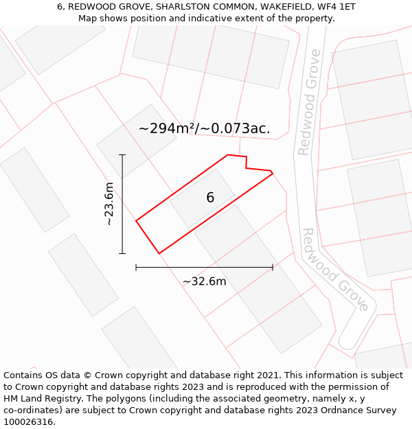 6, REDWOOD GROVE, SHARLSTON COMMON, WAKEFIELD, WF4 1ET: Plot and title map