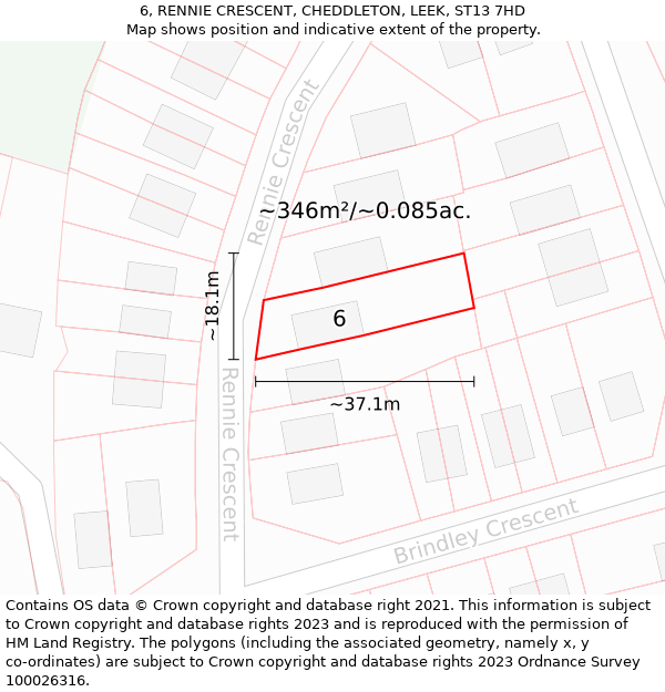 6, RENNIE CRESCENT, CHEDDLETON, LEEK, ST13 7HD: Plot and title map